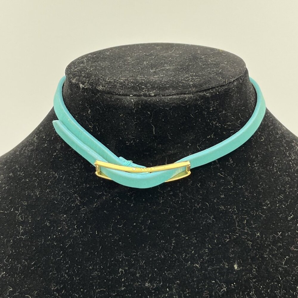 Fossil Turquoise Leather Choker 14” Adjustable Necklace Gold Buckle Narrow
